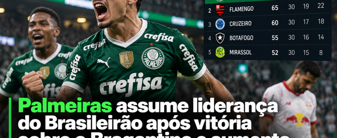 Palmeiras assume liderança do Brasileirão após vitória sobre o Bragantino e aumenta pressão sobre o Flamengo