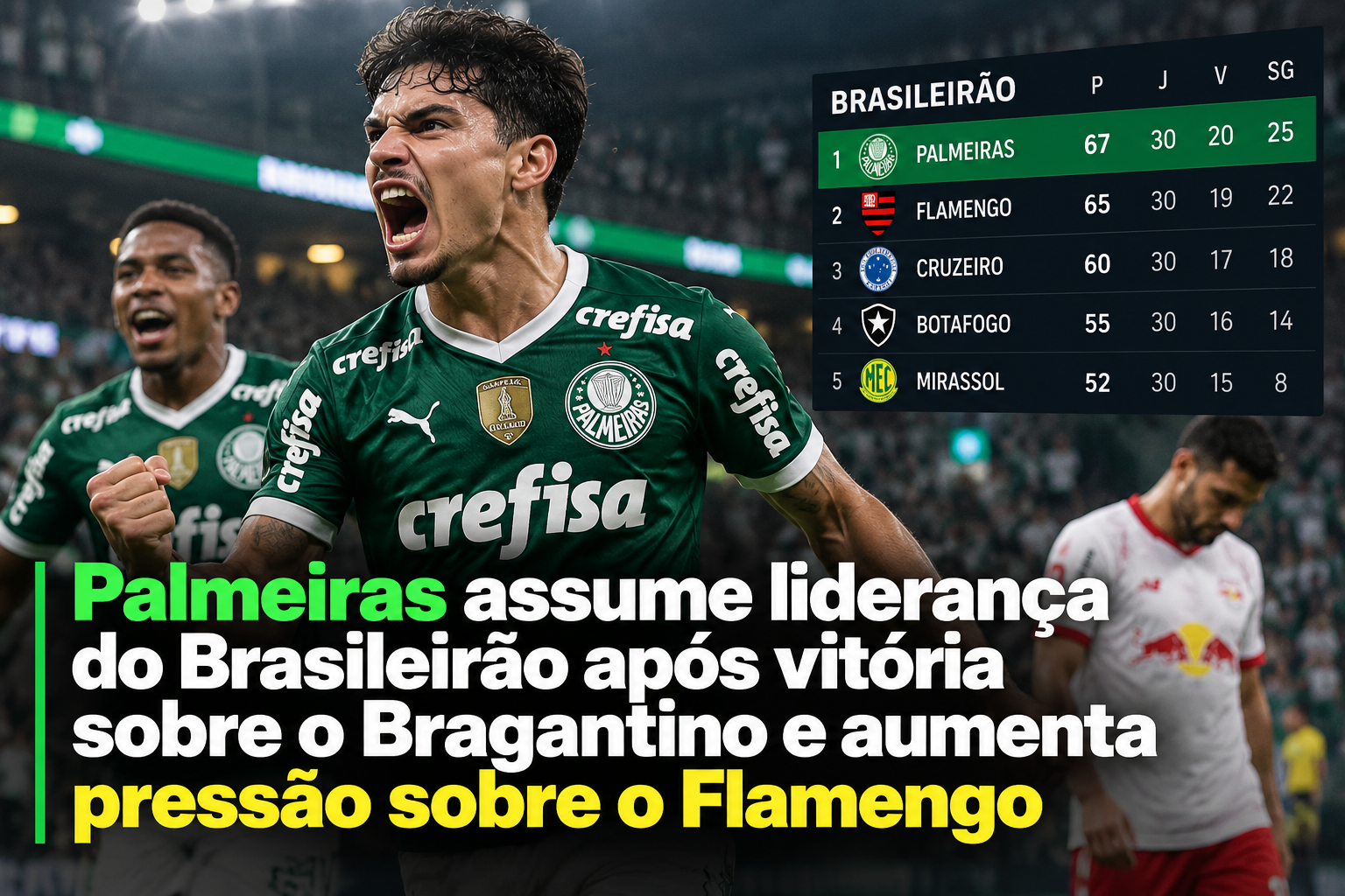Palmeiras assume liderança do Brasileirão após vitória sobre o Bragantino e aumenta pressão sobre o Flamengo